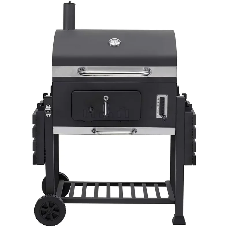 Large Square Cast Iron Charcoal Grill with Lid and Chimney Starter 152x73x137cm Heavy Duty Outdoor BBQ Trolley for Garden