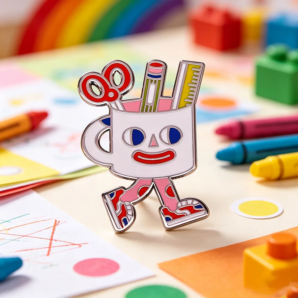 Cute Cartoon Walking Mug Stationary Enamel Pin Cup With Scissors Pencil Ruler Lapel Brooch Badge Backpack Clothes Decor Art Gift