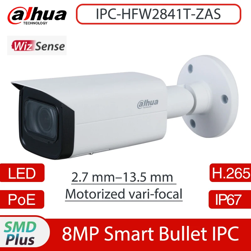 

Dahua IPC-HFW2841T-ZAS SMART 8MP IR 60m 2.7–13.5 mm Motorized Vari-focal Bullet WizSense H.265 IP67 Network POE WDR Camera Audio