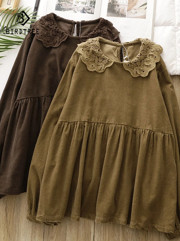 

Новая женская вельветовая рубашка с длинным рукавом Весна 2026, с рюшами, вышивкой и пэчворком, в стиле Mori Girl, ретро, милая свободная блузка-кукла T62551CC