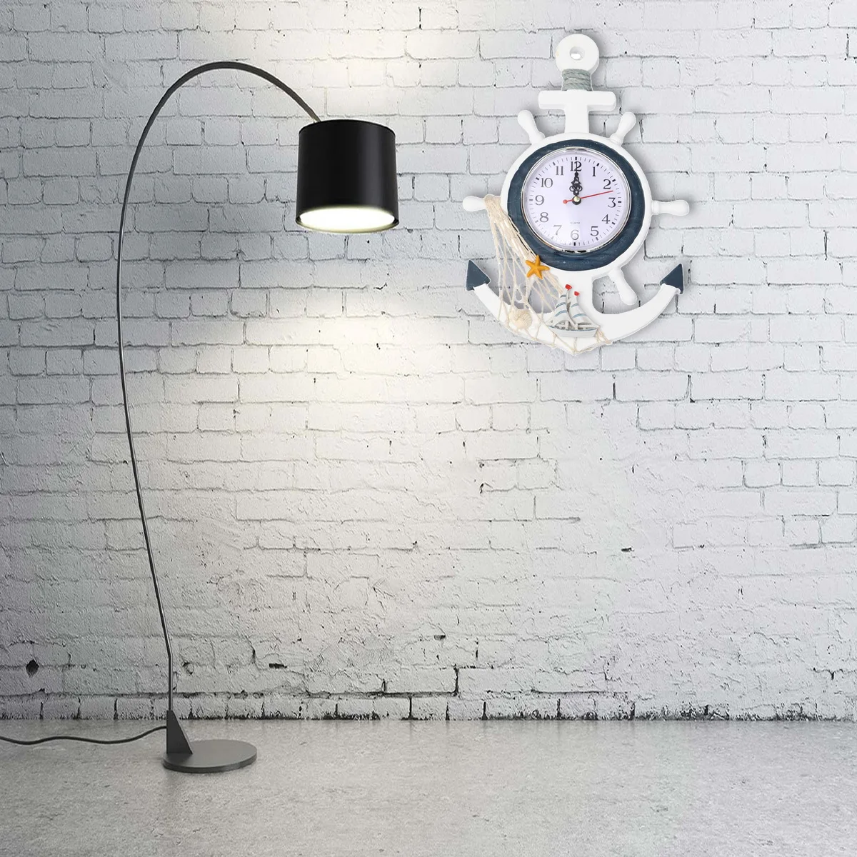 

Blue and White Rudder Clock Retro Decor Boat Anchor Hanging Classic Wall Decorative Mediterranean Style Wooden Office