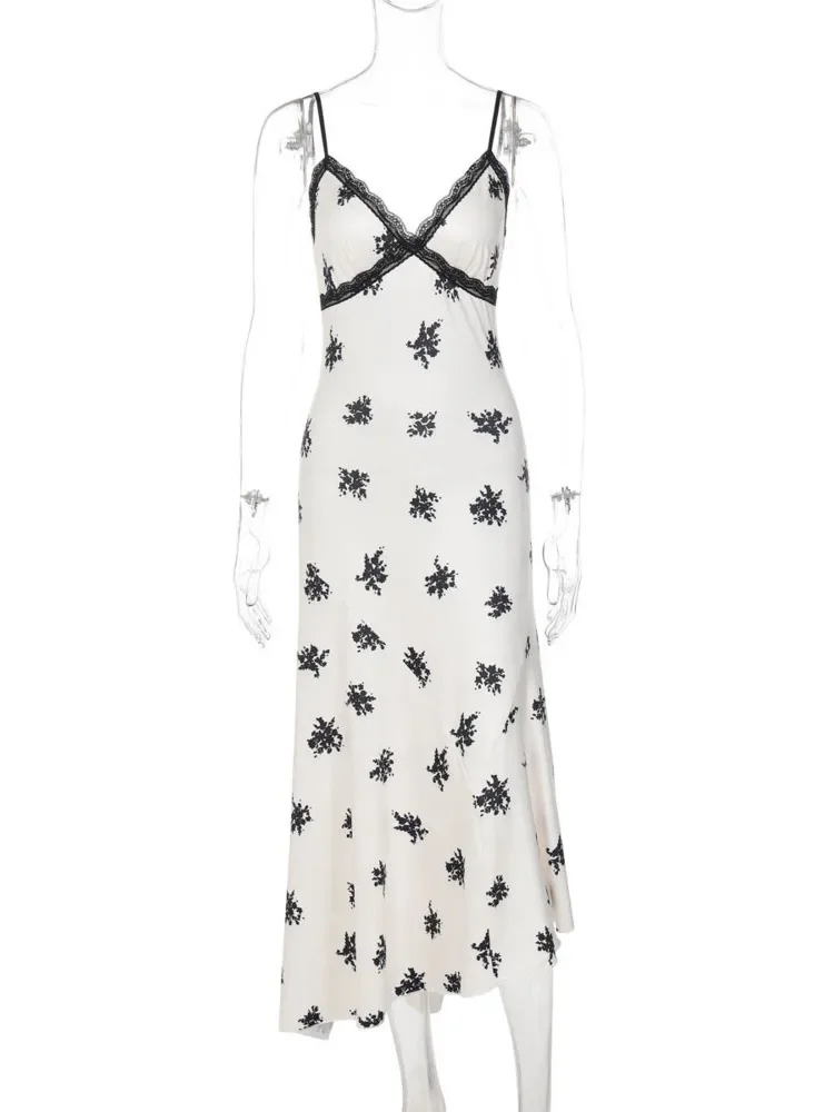 Chaxiaoa الدانتيل طباعة عارية الذراعين مثير فستان ماكسي المرأة ثوب أنيق السباغيتي حزام الخامس الرقبة بلا أكمام Bodycon نادي فستان طويل #6