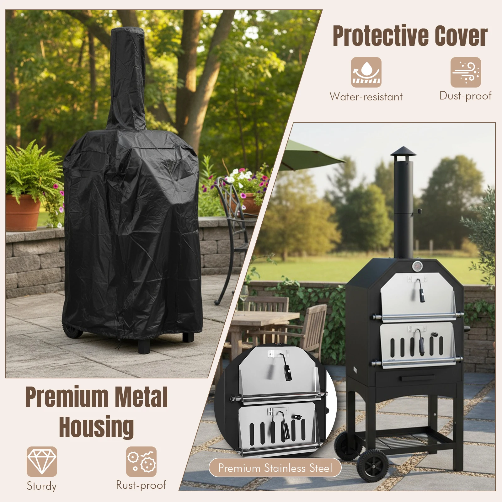 

2-Tier Freestanding Charcoal Pizza Oven with Firewood Storage Large Wood Pellet Fired Pizza Oven for Backyard Camping Tailgating