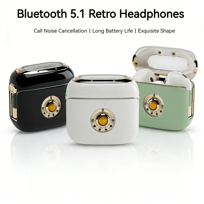 

Bluetooth 5.1 Retro Headphones Call Noise Reduction Hifi Stereo Sports Semi in Ear Wireless Smart Touch Control Earphones Mic
