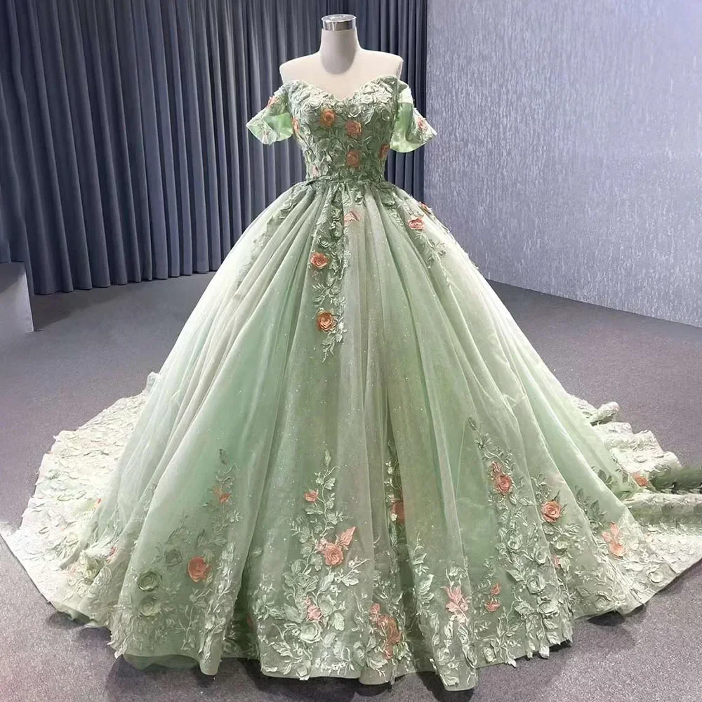 Sage Green Appliques abiti da sposa da donna eleganti con spalle scoperte fiori abiti da ballo Fashion Court Train abiti da sposa