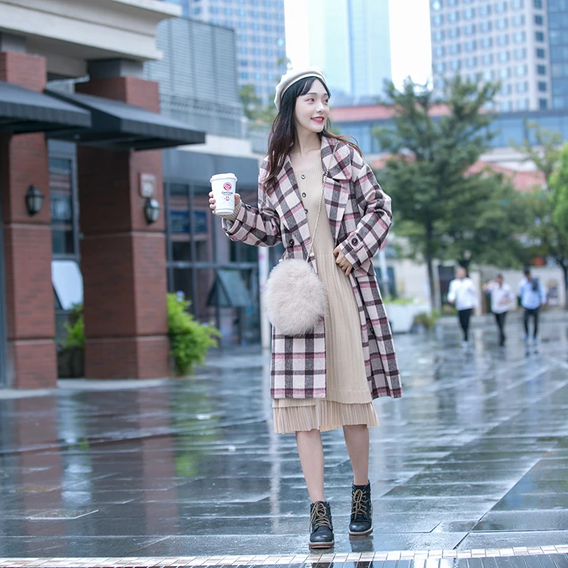 

Женское шерстяное пальто в стиле ретро с клетчатым узором, средней длины, весна-осень, с воротником-стойкой, приталенное, удлиненное