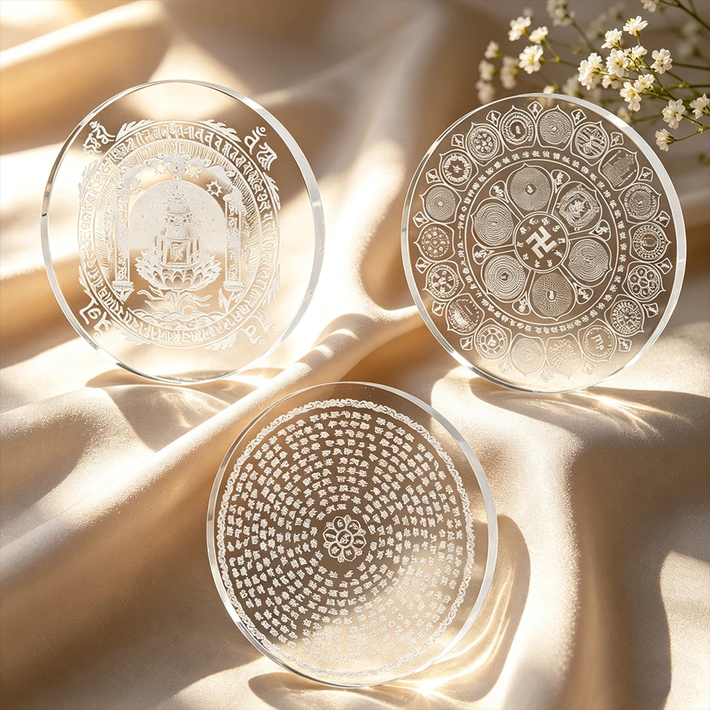 Clear Glass Crystal Buddhist Scriptures Base Laser Engraved Heart Sutra Lotus Ornament Zen Inspired Home Office Desk Paperweight