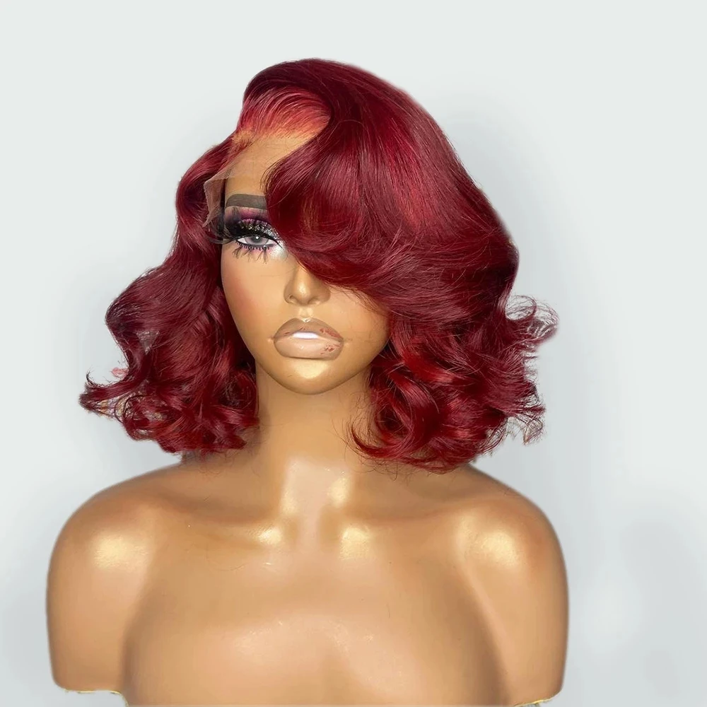 Short Bob Burgundy 99J Color Wig Wavy 13X4 Lace Front Human Hair 4X4 Closure Frontal Wigs For Women Prepluck With Baby hair Remy