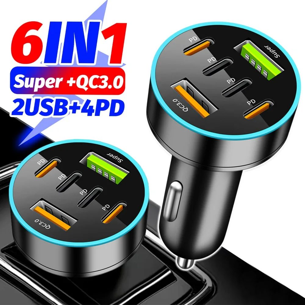 

6 Ports Car Charger DC12-24V Cigarette Lighter 4PD+2USB QC3.0 Super Fast Charging with Night Light for IPhone Samsung Xiaomi