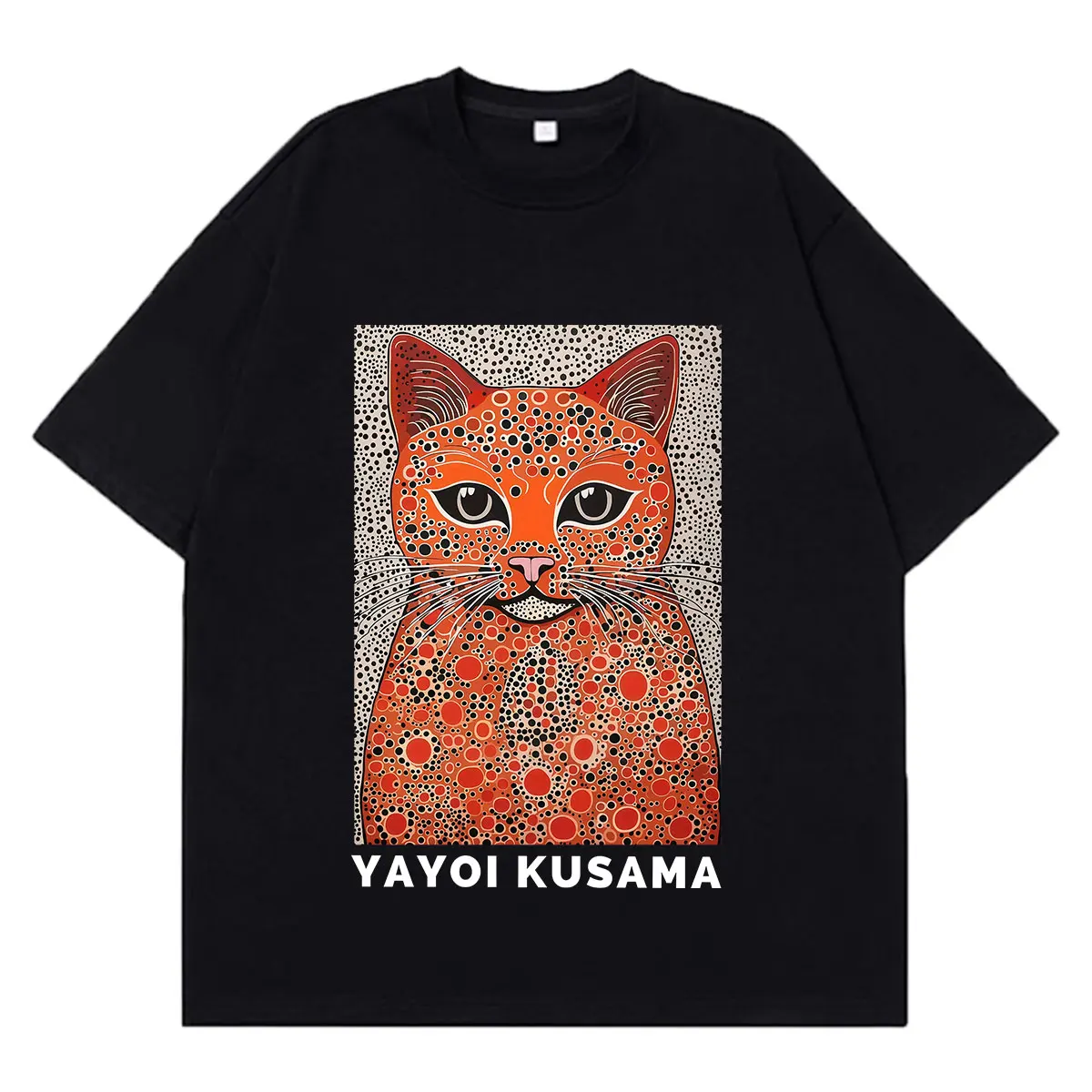 Japanese Style Yayoi Kusama Artist Dot Cat T Shirt Men Women Fashion T-shirts Summer Oversized Cotton T-shirt Y2k Streetwear