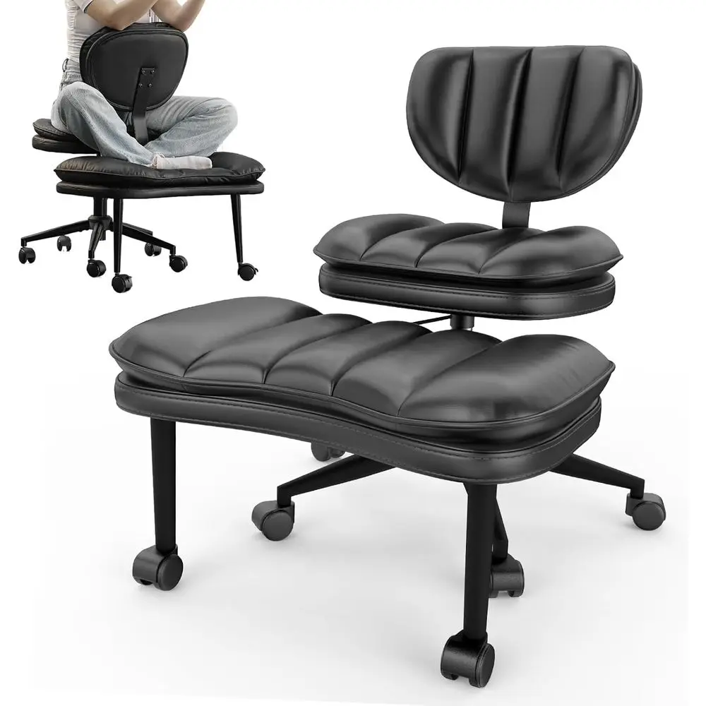 Ergonomic Adjustable Height Office Chair with Wheels, Meditation and Kneeling Chair in Matte Black