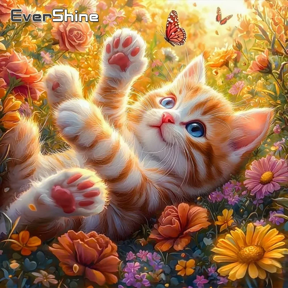 EverShine DIY Diamantmalerei Katze Tier Vollquadratische Runde Diamanten Mosaik Blumenmuster für Erwachsene Anfänger Heimdekoration