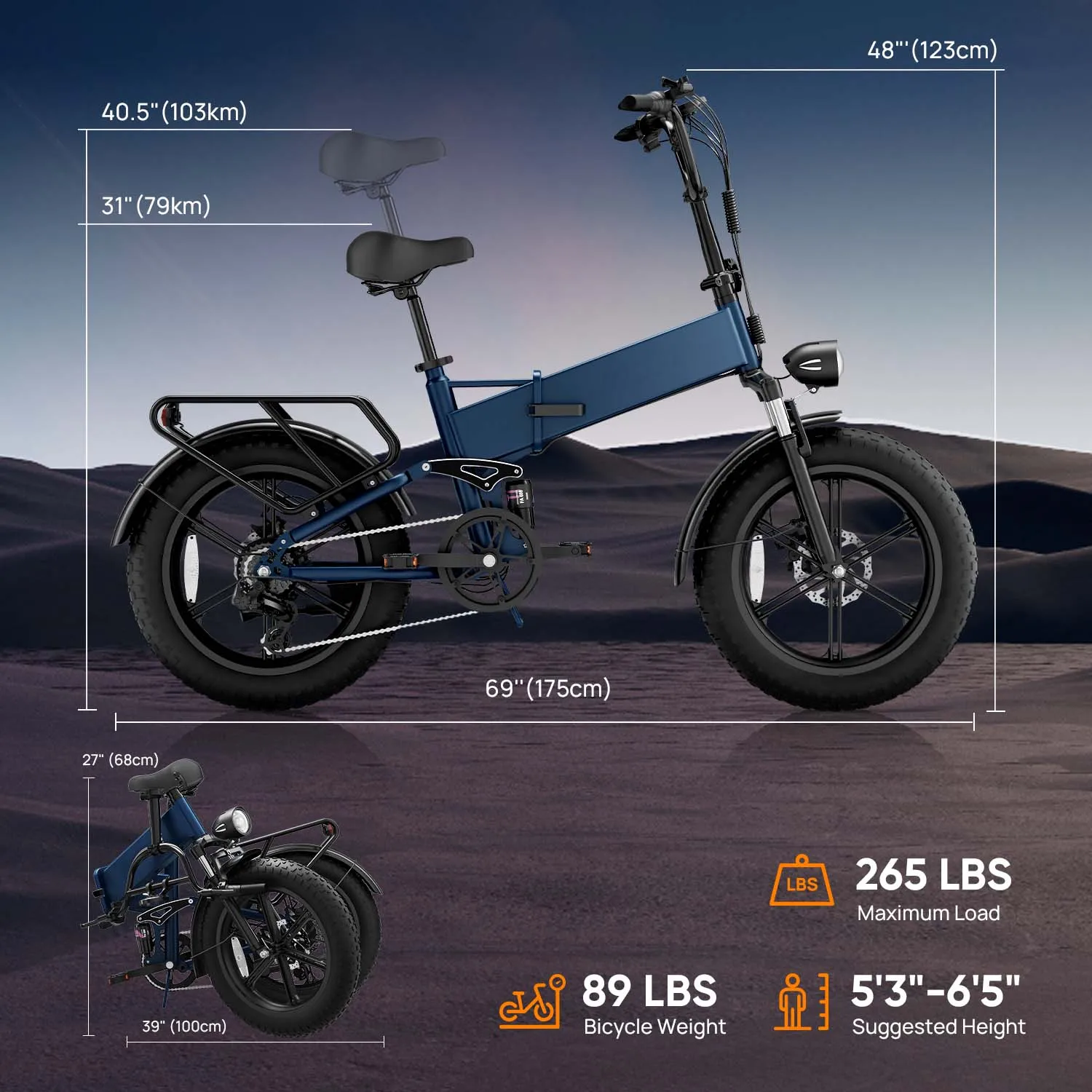 URLIFE T5 Foldable Electric Bike 20 Inch Fat Tire E-Bike for All Terrain 48V Removable Battery Long Range 80Miles Full Suspension Adult Electric Mountain Bike view 8