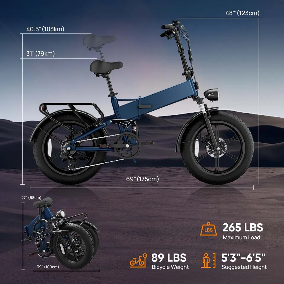 URLIFE T5 Foldable Electric Bike, 20 Inch Fat Tire Adult E‑Bike, 48V Removable Battery, Long Range Up to 80 Miles, Full Suspension All‑Terrain Electric Mountain Bicycle image 9