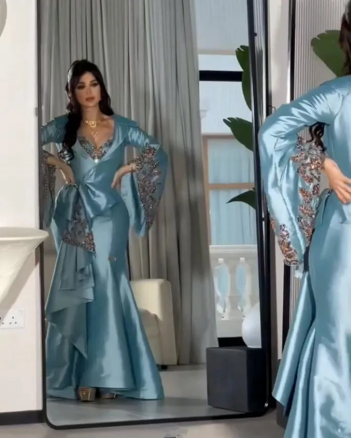 Sky Blue Saudi Mermaid Evening Dresses Long Sleeve Luxury Crystal Customsized Ruched Arabic Dubai Bride Wear Prom Gown Garment