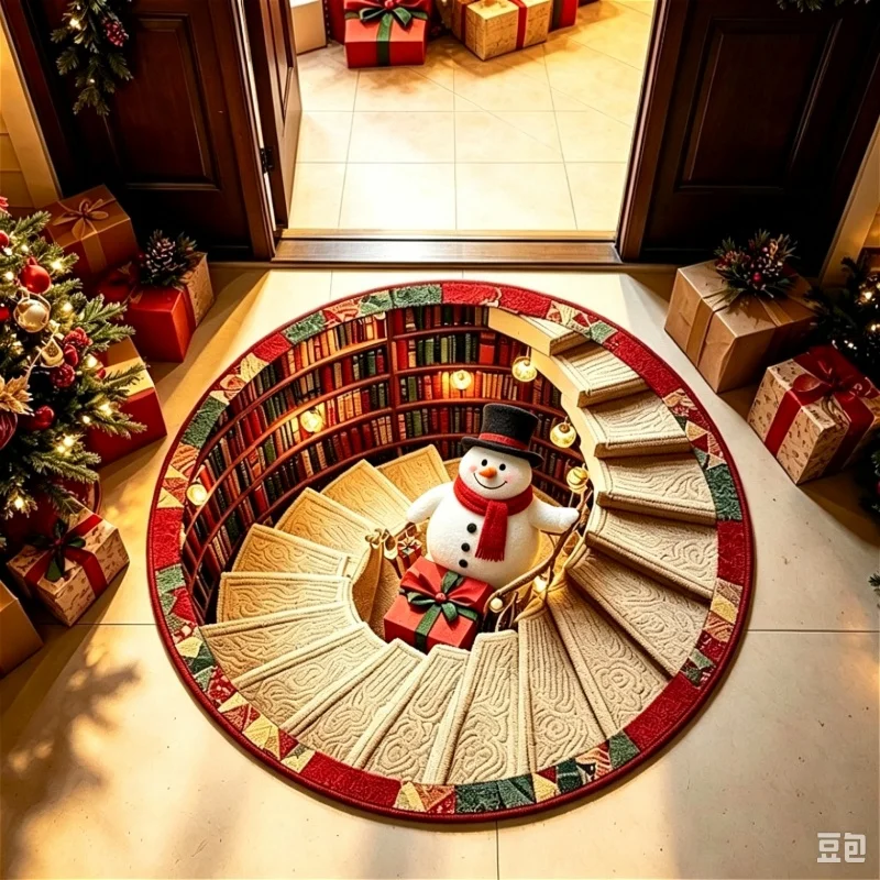 3D Illusion Santa Staircase Christmas Round Area Rug, Bookshelf Printed Floor Mat, Holiday Indoor Home Decoration