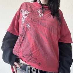 Y2K Mall Goth E-girl Tops Halloween Costume Y2K Grunge Cyber Skull T-shirt 2000s Vintage Layered Full Sleeve Pullovers Tees