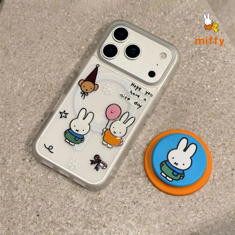 

Cute Miffy Phone Shell Suitable for Iphone 17 16 15 14 Cartoon Scarf Rabbit Magnetic Stand Transparent Anti Drop Phone Case Gift