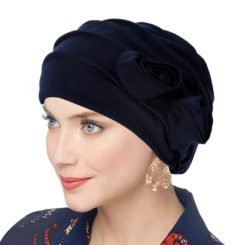 KepaHoo New Women's Solid Color Hijab Muslim Ladies Turban Bonnet Flower Decor Ramadan Head Wrap Head Scarf Indian Hats