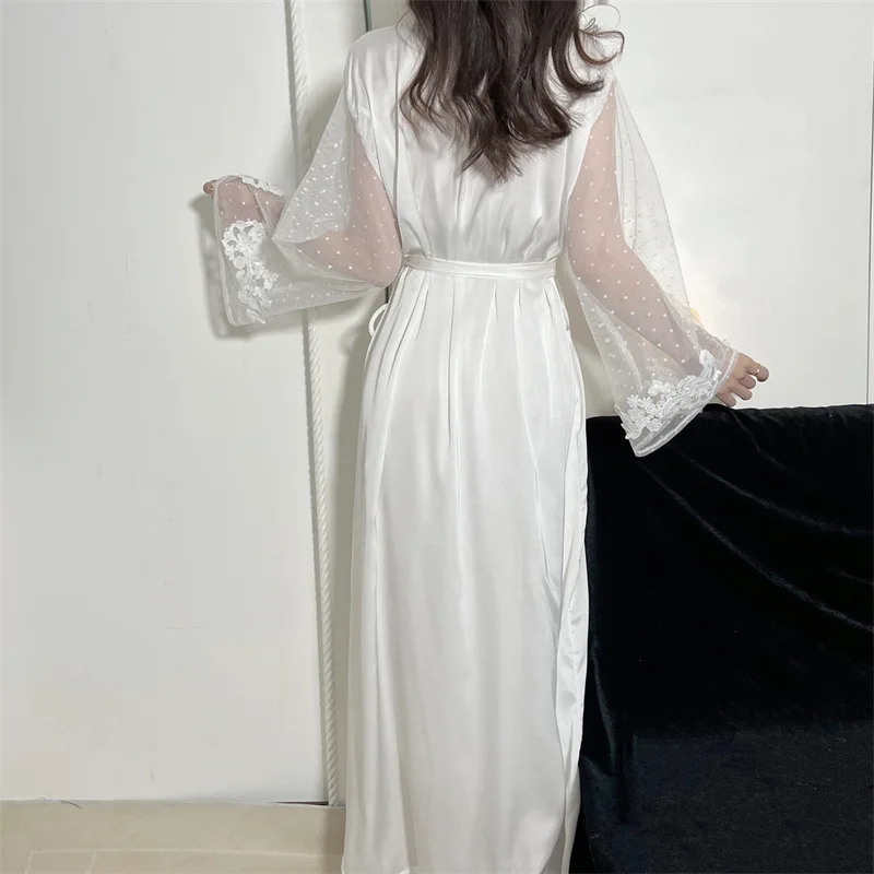 White Lace Bride Kimono Robe Gown Women Satin Bathrobe Nightgown Long Sleeve Loungewear With Belt Sleepwear Nightwear