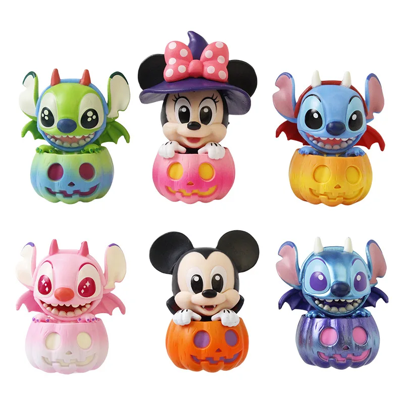 

6pcs Disney Stitch Mickey Anime Action Figures Toys Halloween Pumpkin Theme Doll Desktop Ornament Children's Christmas Gifts