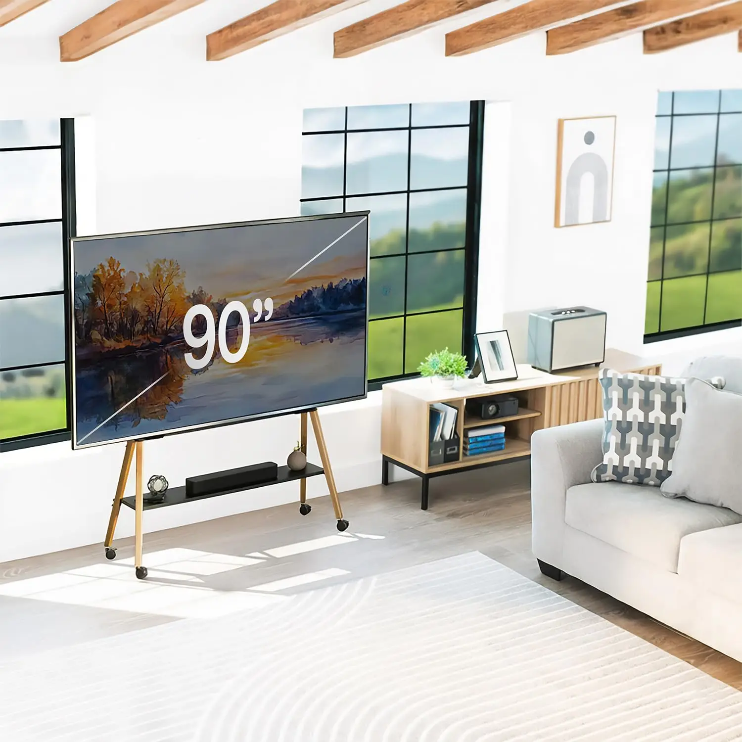 Mobile TV Easel Stand for 50-90 Inch LED LCD Screen, Adjustable Wood Shelf & Walnut Legs, Black Frame, Customized