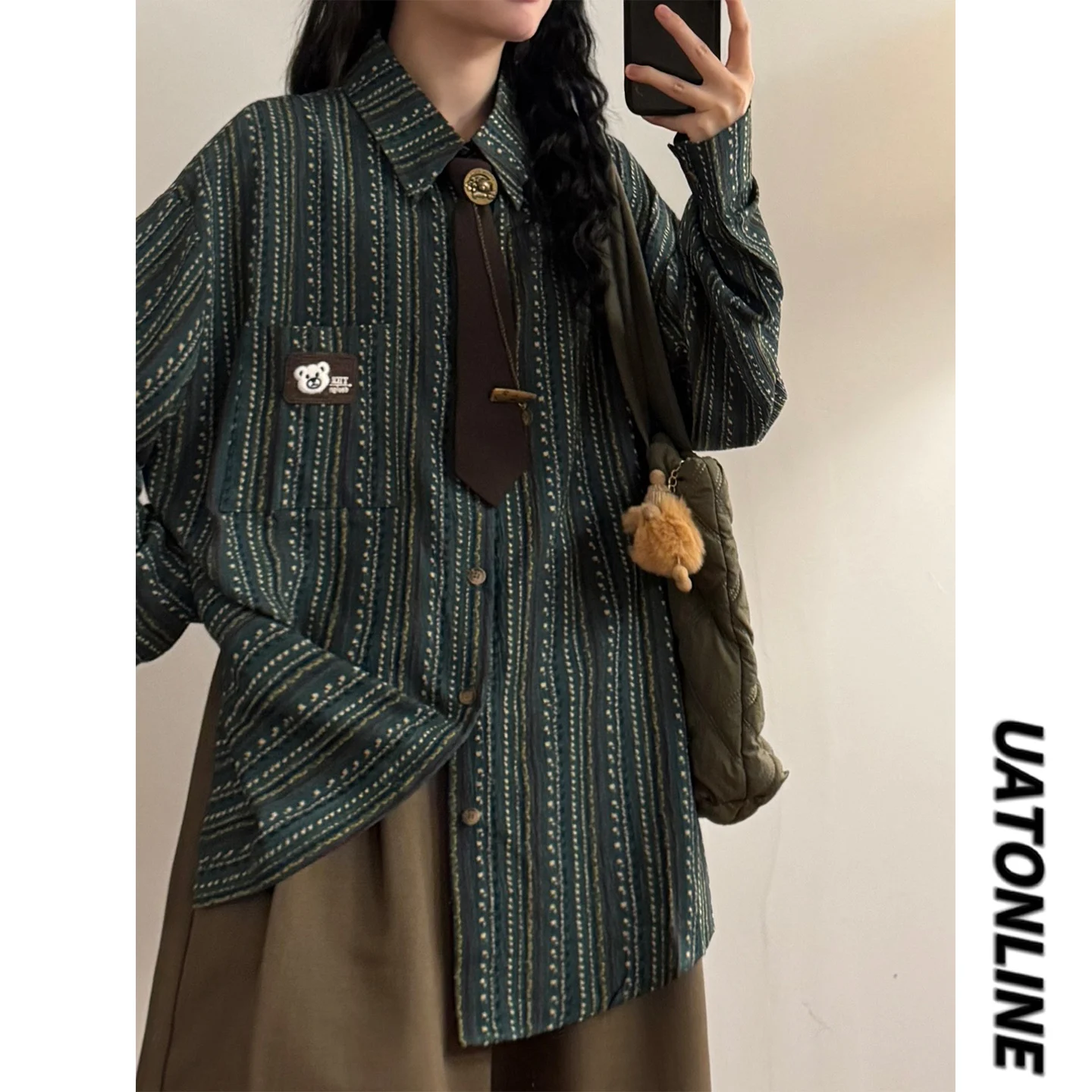 Artistic Style Women's Long Sleeve Shirt Stripe Pattern Layering Clothing Autumn Season Loose Fit Anti-Wrinkle Polyester Fabric