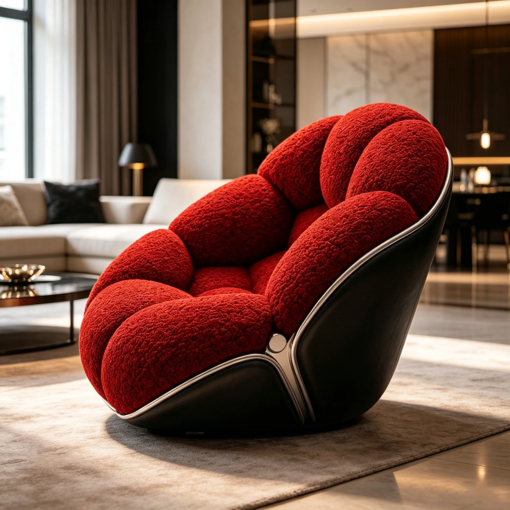 Two-color fiberglass single lounge chair, black leather frame, red plush pad