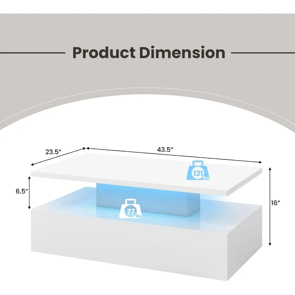 Table basse LED moderne avec lumières 20 couleurs, luminosité et vitesse réglables, télécommande incluse