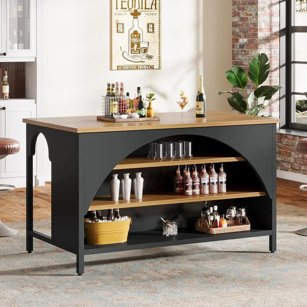 

Industrial-Style 55 High Wooden Home Bar with 3 Shelves, Black Counter Height Wine Cabinet for Kitchen Pub