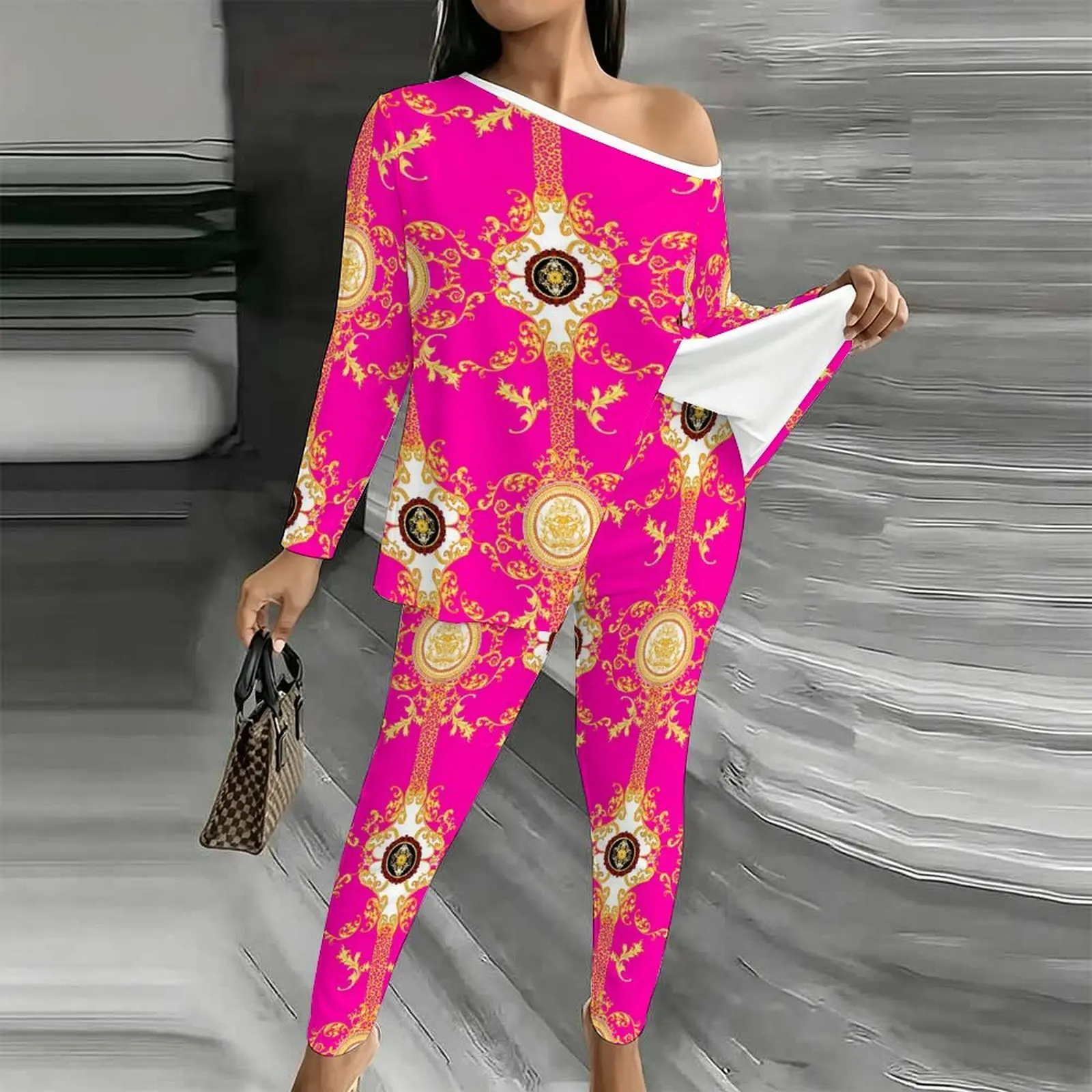 Fashion Printed Jogging Pants Off Shoulder T-shirt Elegant Two-piece Set Autumn Winter Women's Diagonal Collar Long Sleeved