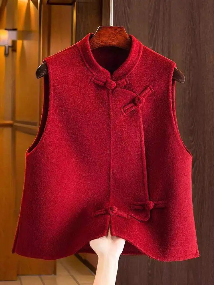 

Красный женский шерстяной жилет-пальто с пуговицами в традиционном китайском стиле, товары со склада в Циндао, для дома и поездок на работу