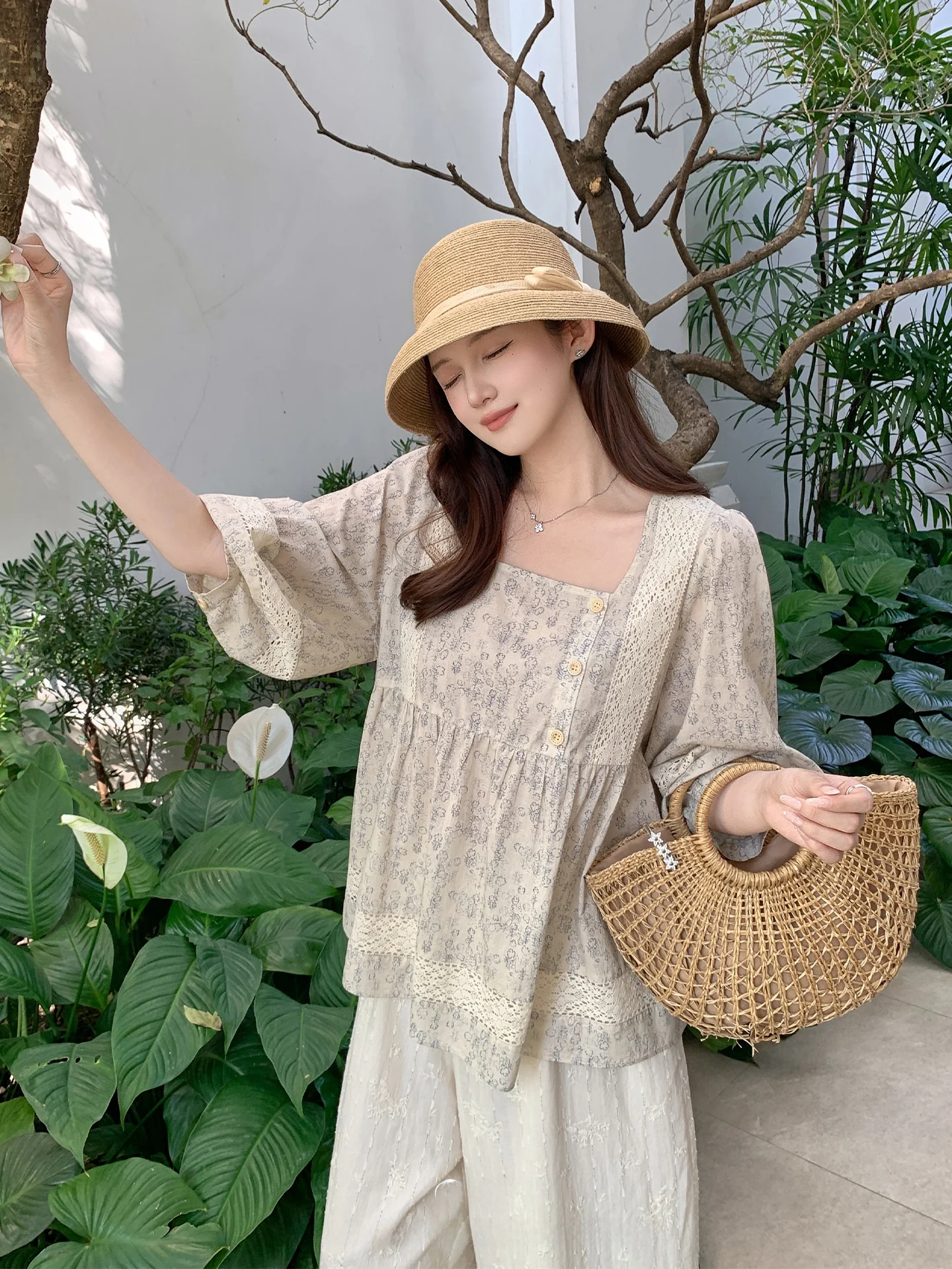 

Large Size Vintage Square Collar Floral Doll Top Women's Clothing Casual Sle Cotton Spring Summer New Arrival Bubble Oxygen