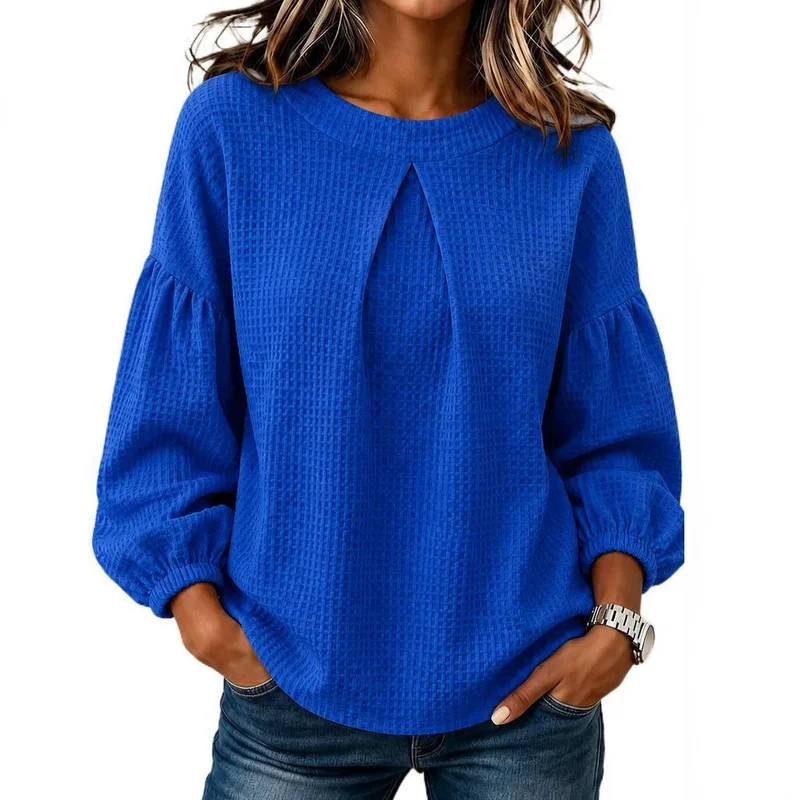 Ladies Casual Waffle Texture Long Sleeve Tops Loose Puff Sleeve Crew Neck Comfortable Daily Wear Blouses For Women Outdoor Home view 5