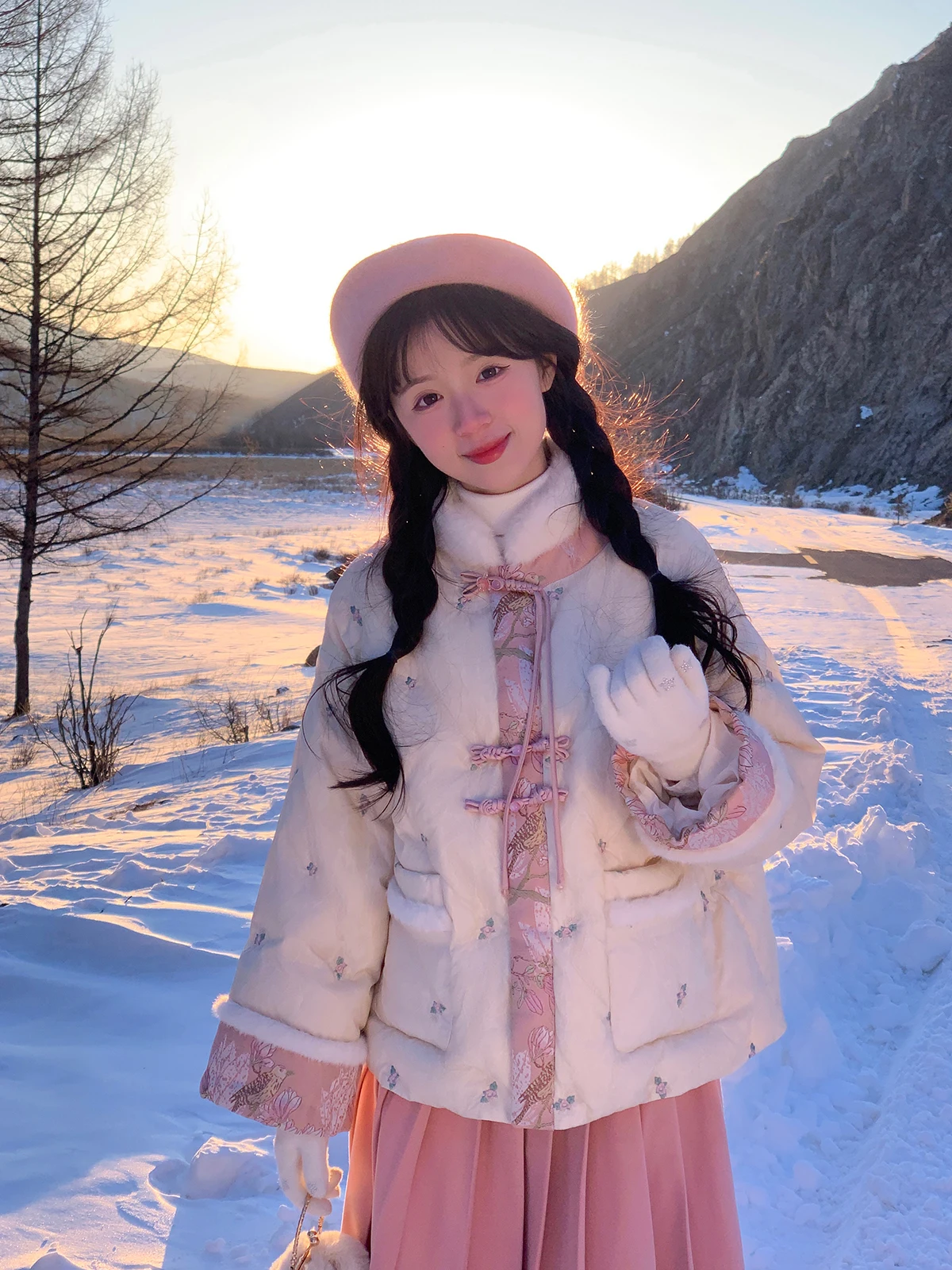 

Warmth Women's Winter Faion Set Pink Flower Print down Jaet And Skirt Two-Piece Casual Sle Polyester Fabric Long Sve
