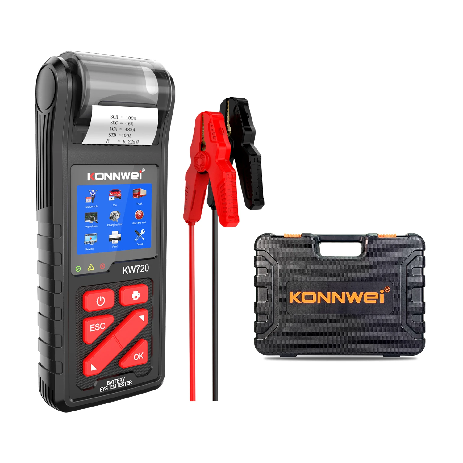 INTELLIGENT KONNWEI KW720 6V 12V 24V Car Truck Battery Tester With Integrated Printer and toolbox