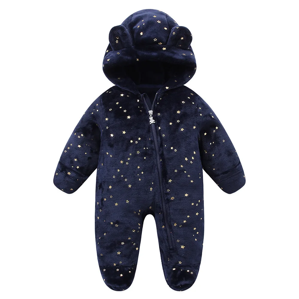 UNIFEMEN Autumn Winter Newborn Baby Overalls Plus Velvet Hooded Kids Baby Girl Rompers 0-1 Years Toddler Boy Jumpsuit Outfits