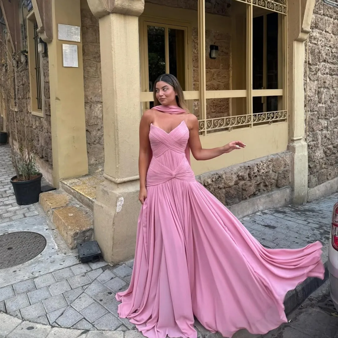 

Customized Long Chiffon Evening Dresses with Ribbons A-Line V-Neck Floor Length Pleated Prom Dress Wedding Guest Dress for Women