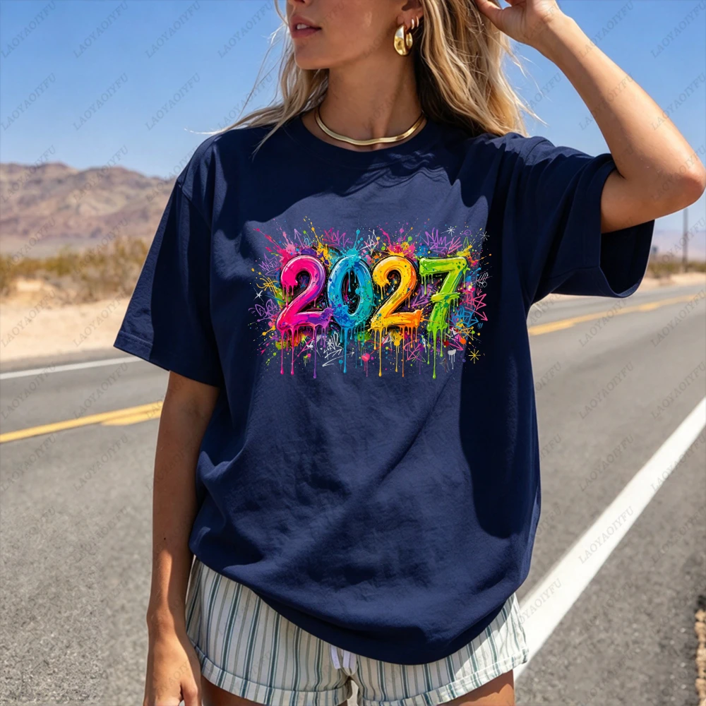 2027 New Year Colorful Graffiti Paint Drip Print Women Holiday Party Short Sleeve Happy NYE Bright Festive Casual New Year Shirt