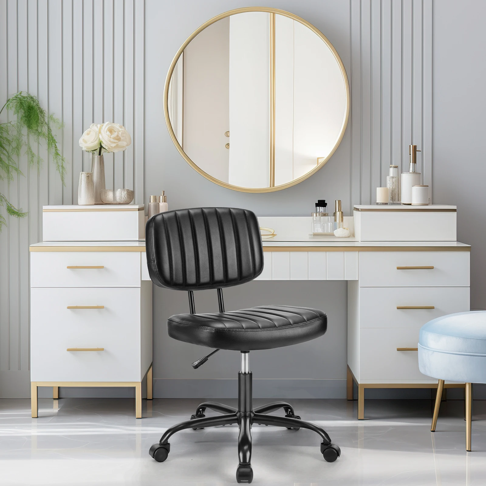 Desk Chair Back Lumbar Support PU Leather Computer Chair 360° Swivel Rolling Wheels