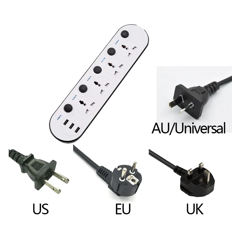 Soket Strip daya US/UK/EU 110v 220v 3 USB2.1A 5 outlet 10A 2000W soket kontrol independen kantor Multi steker soket rumah