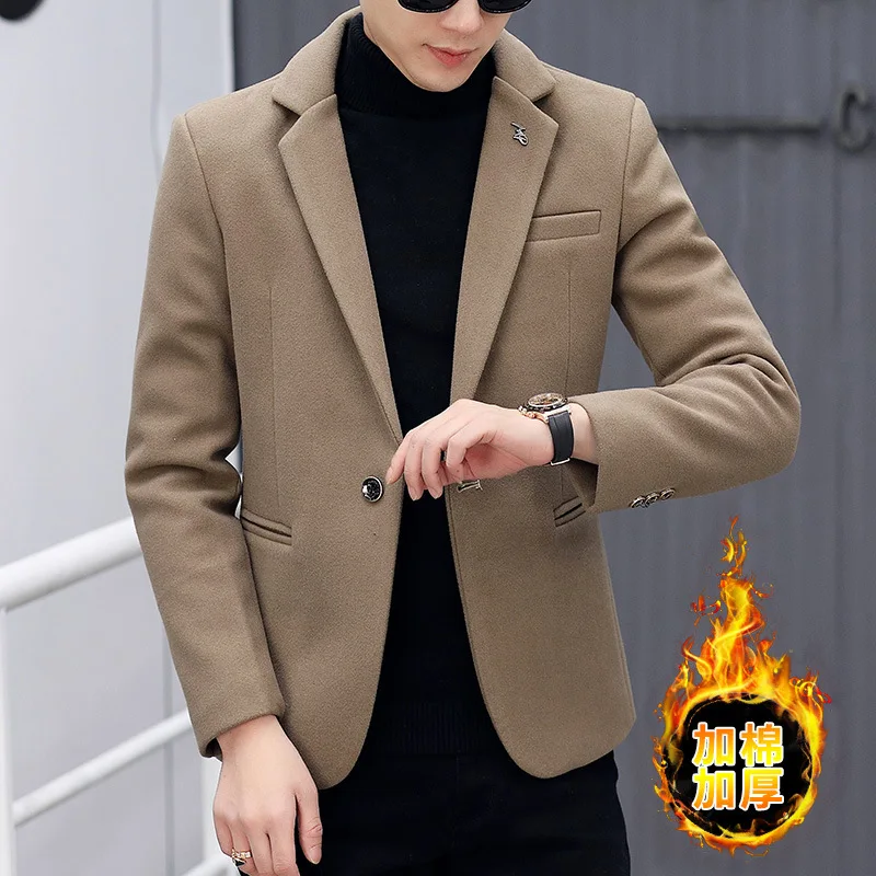 

HOO 2023 Men's Woolen Suit Jacket Fleece-Lined Thickened Handsome Casual blazer