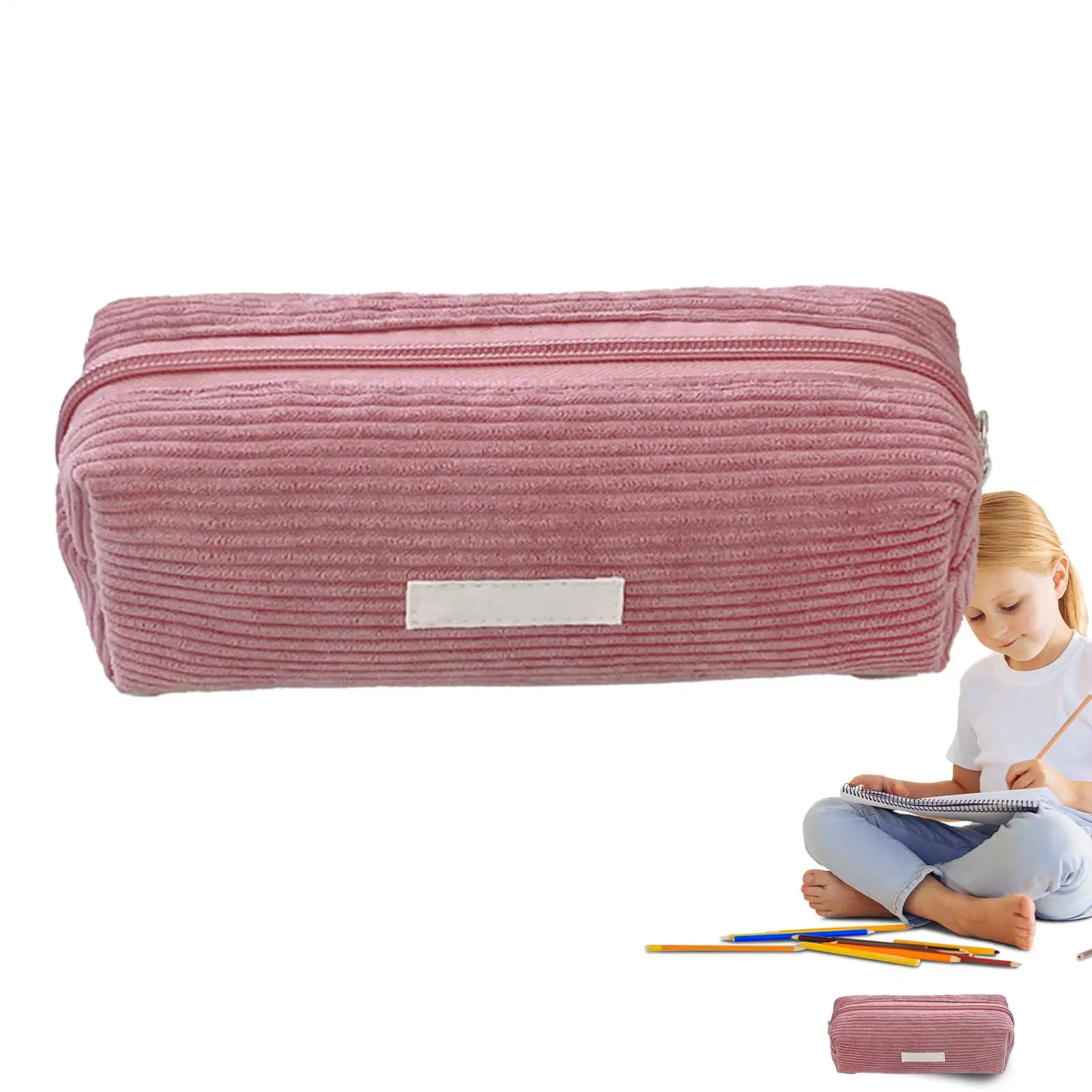 Creative Corduroy Pencil Case INS Style Large Capacity Toiletry Bag Zipper Pen Bag Office School Supplies,has random logo print