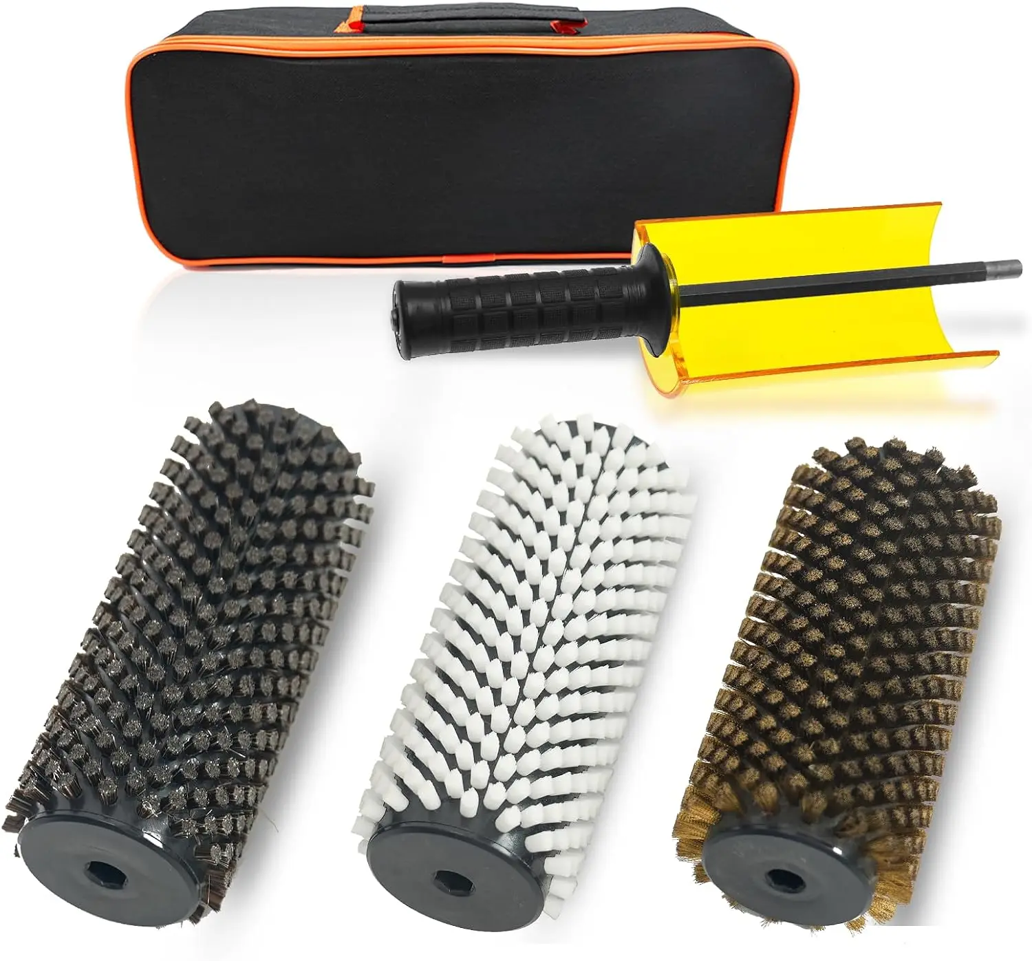 150mm Ski Roto Brush Kit Roto Brush Handle Axle with All 3 Brushes (Brass, Horse Hair and Nylon) with Protector Storage Bag, Handle Ski Rotation Brush Kit Using on Electric Drill