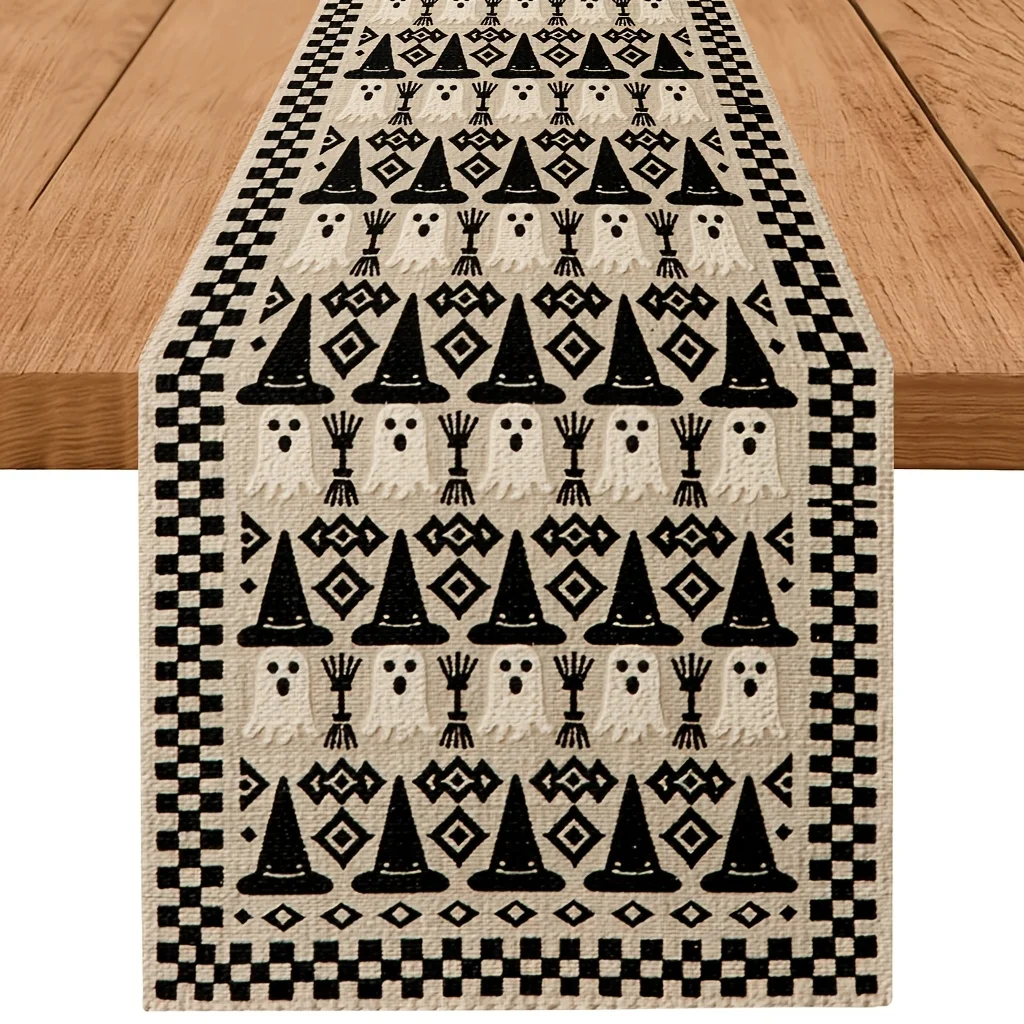 1pc Halloween Ghost Witch Hat Geometric Table Runner Spooky Season Home Dining Table Decor