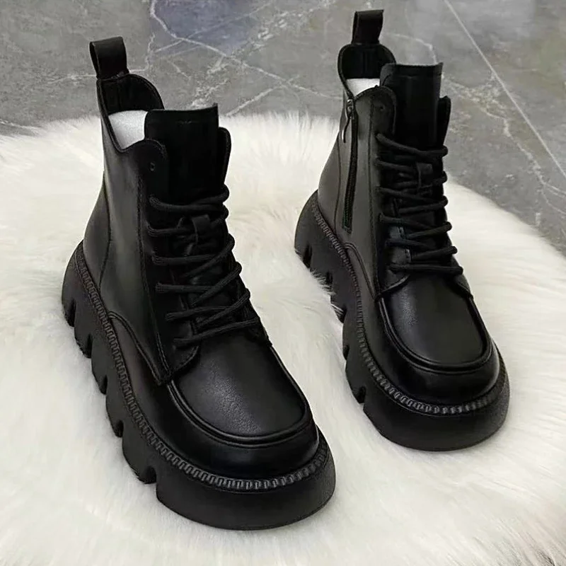 Krótkie Buty Dla Kobiet Ze Sznurowadłami Obuwie Punk Style Booties Black Combat Lace-up Female Ankle Boots Pu Hot Korean Style Offer