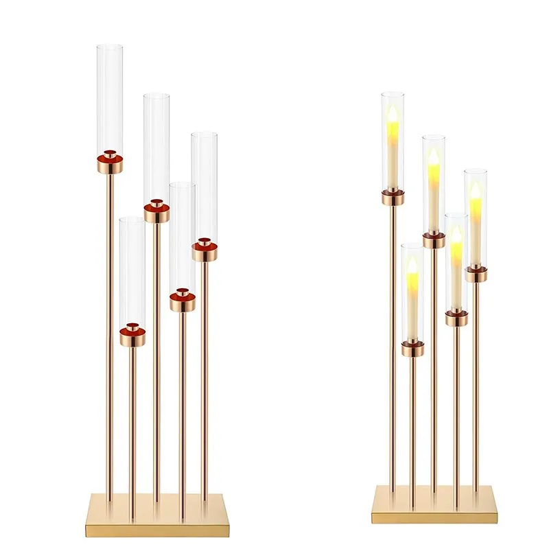 5/10pcs 5Heads Metal Candelabra Candle Holders Road Lead Table Centerpiece Gold Candelabrum Stand Pillar Candlestick wedding