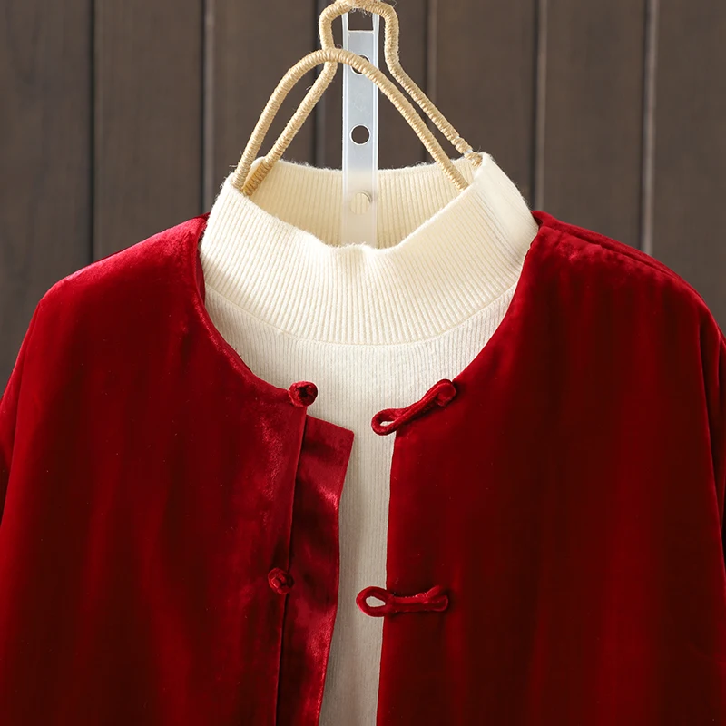 جديد الصينية Sle الحرير المخملية القطن Jaet المرأة الأعلى الفني الرجعية تانغ زي معطف Thiened طويل Sve جولة Ne Sin...