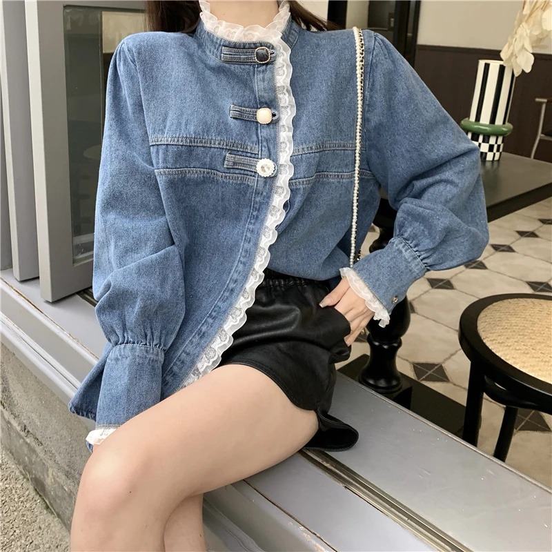 2022 Spring Lace Denim Shirt Women Fashion Patchwork Long Sleeve Blouse Female Loose Stand Collar Button Down Jean Shirts Woman