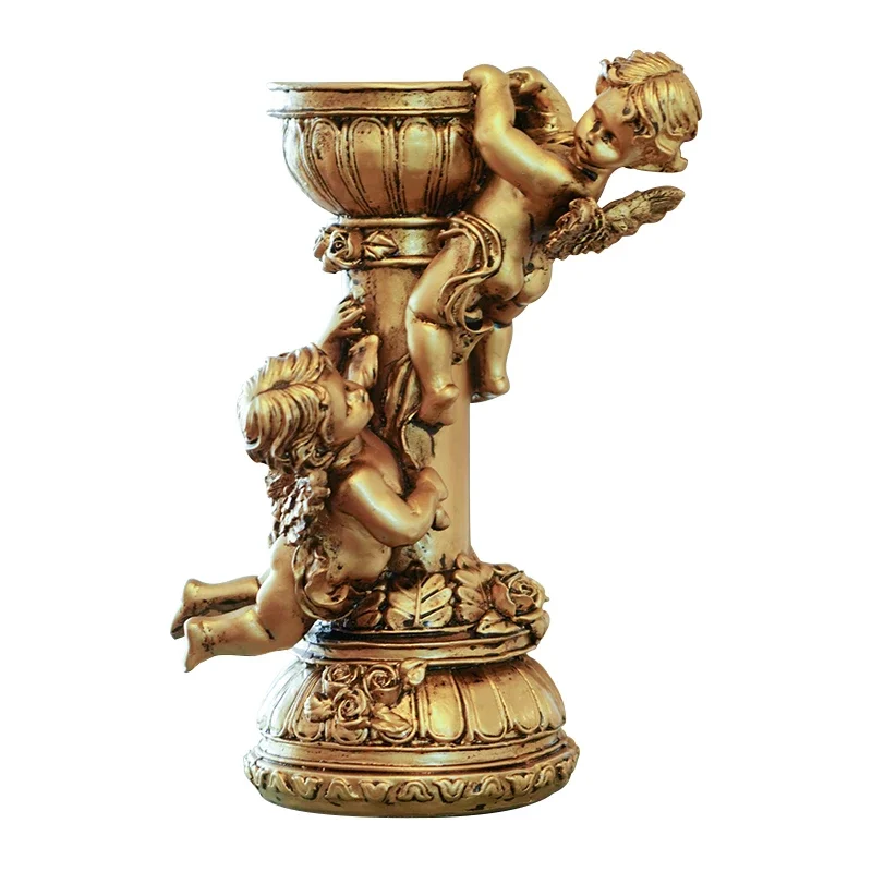 xx-European Golden Angel Roman Pillar Candle Holder Sculpture Resin Ornaments Home Room Vintage Candlestick Statue Decoration